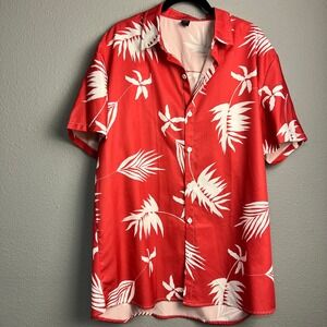 ROMWE Red Tropical Palm Leaf Print Short Sleeve Button Up Shirt Men's XL